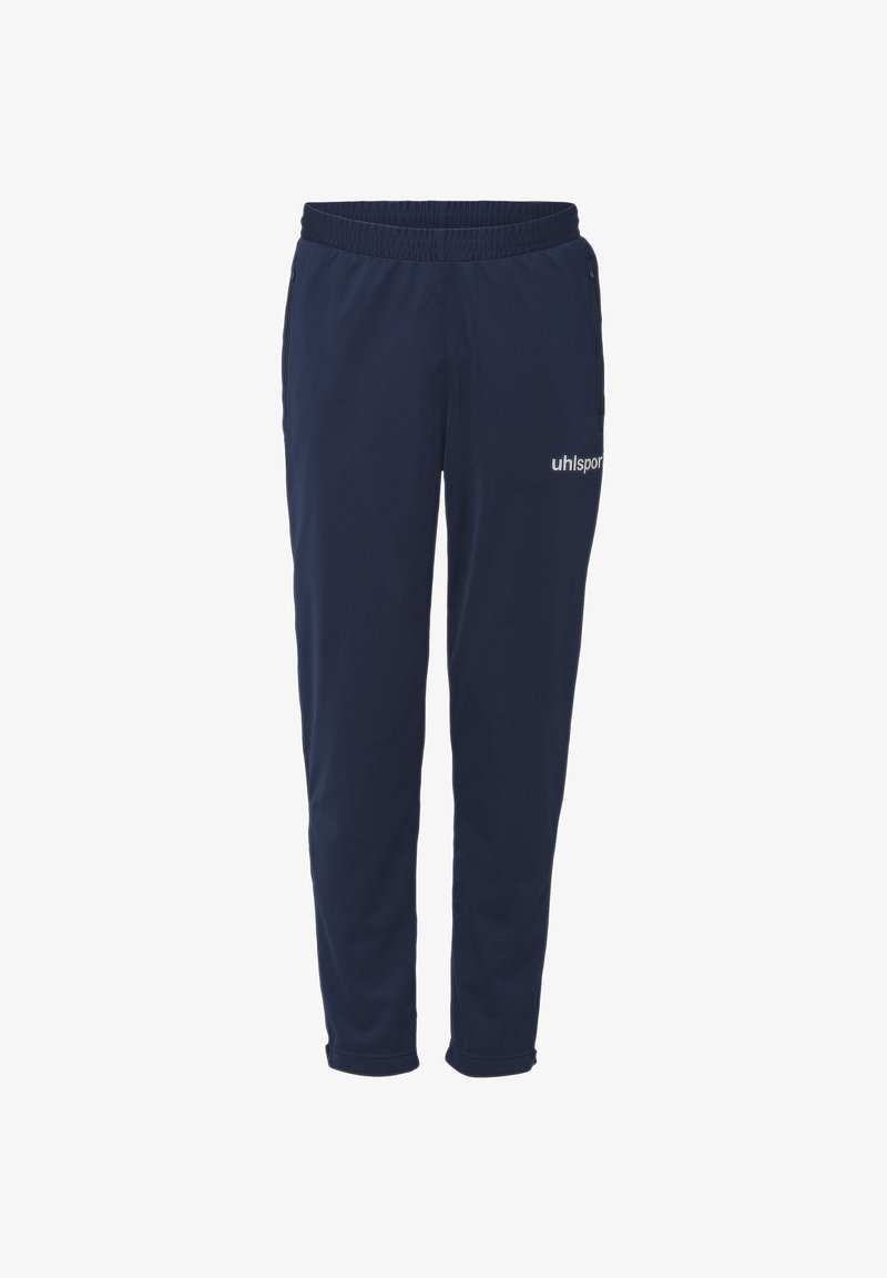 Marineblauwe sportbroek met een elastische tailleband, een taps toelopende pasvorm en een gestructureerde stof. Bevat een wit logo op de linker dij.