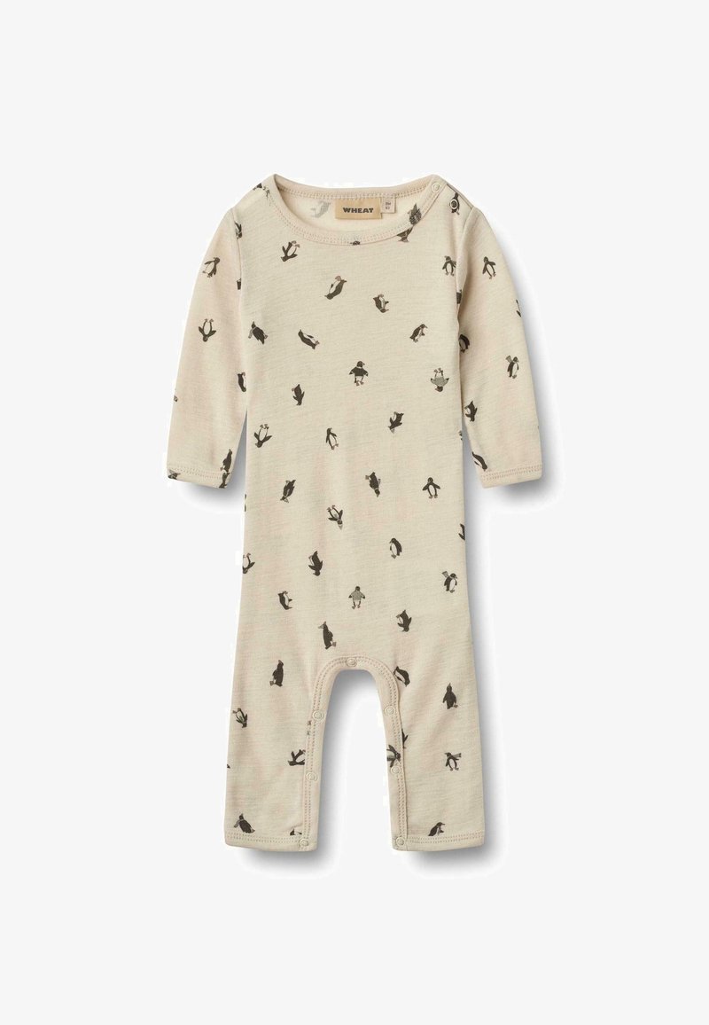 Langärmliger Baby-Body aus beigem Stoff mit einem Druck von verschiedenen Pinguinen. Druckknöpfe am Hals und am Boden für ein einfaches Wickeln.