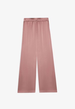 Pantalon satin rose pâle à jambes larges, avec taille élastique, texture lisse et ourlet droit.