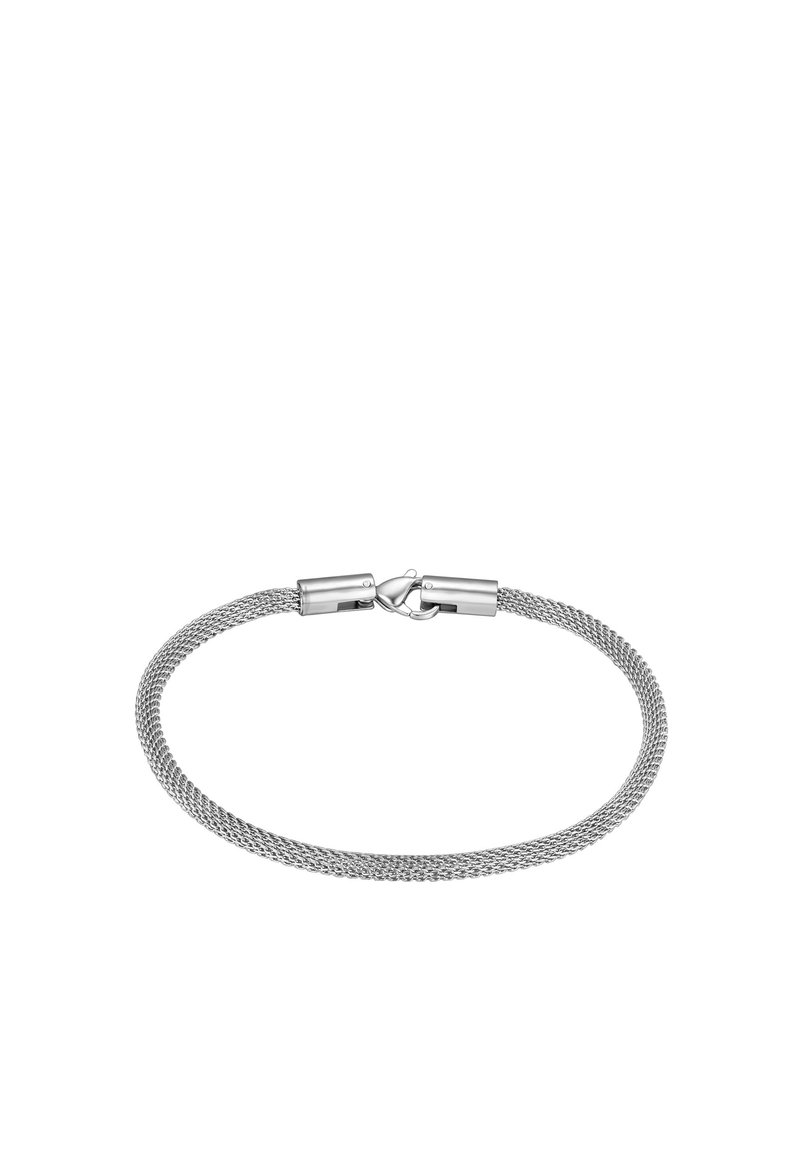 Pulsera de malla de plata con un diseño tejido flexible y un cierre de broche suave. Su superficie brillante aporta un acabado elegante.