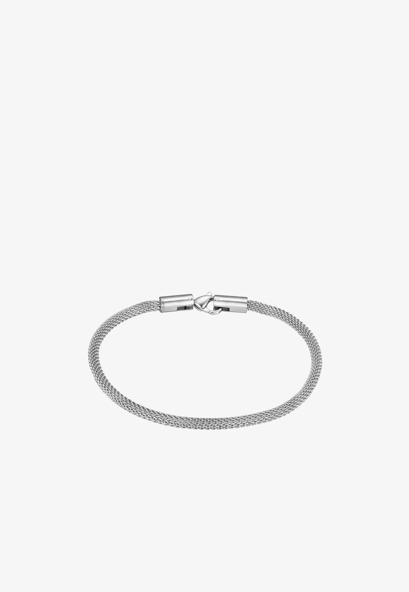 Pulsera de malla de plata con un diseño tejido flexible y un cierre de broche suave. Su superficie brillante aporta un acabado elegante.