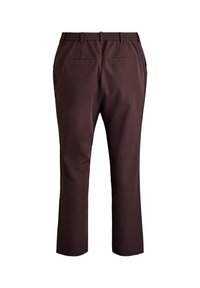 Rjave hlače do gležnjev z gladko teksturo. Imajo elastičen pas in dve zadnji žepu. Preprost, raven kroj.