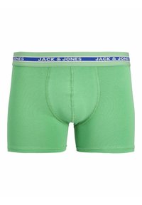 Boxeri scurți verzi, realizați dintr-un amestec moale de bumbac. Au un elastic de talie albastru și verde deschis, inscripționat cu logo-ul "JACK & JONES".