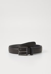 Ceinture en cuir noir avec une texture lisse, dotée d'une boucle en métal argenté et de finitions soignées le long des bords.