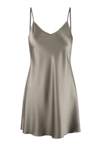 Satiininen yöpuku, vaalea taupe, v-pääntie, ohuet olkaimet, A-linjainen siluetti, sileä tekstuuri, polvipituinen hieman levenevällä helmalla.