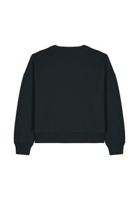 Schwarzes, kurzes Sweatshirt mit langen Ärmeln, Rundhals-Ausschnitt und gerippten Bündchen. Hergestellt aus einem weichen, strukturierten Stoff mit glatter Oberfläche.