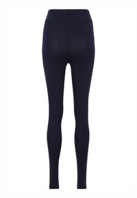 Marineblauwe leggings met een hoge tailleband, een getailleerd ontwerp, een gladde textuur en geen zichtbare hardware of patronen. Achteraanzicht weergegeven.