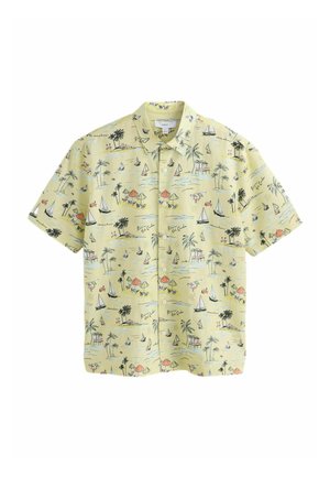 Short-sleeve yellow shirt with tropical beach print featuring palm trees, sailboats, umbrellas, and huts. Buttons down front.