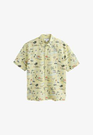 Short-sleeve yellow shirt with tropical beach print featuring palm trees, sailboats, umbrellas, and huts. Buttons down front.