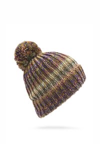 Berretto lavorato a maglia con un motivo multicolore in viola, marrone e verde. Presenta una trama testurizzata e un soffice pompon sulla parte superiore.