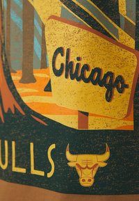 Vintage majica s grafikom koja prikazuje znak Chicago s dizajnom bika, koristeći jarke boje poput žute, narančaste i tamnoplave u istrošenoj teksturi.