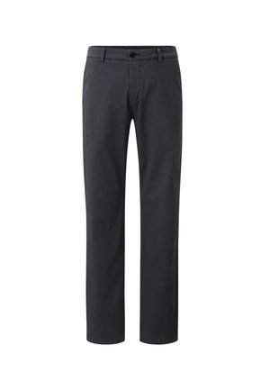 Dark grey trousers made of cotton blend, featuring a straight-leg design, button closure, and classic pockets. Smooth texture, no patterns.