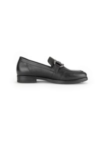 Black leather loafers with a rounded toe, flat heel, and decorative strap with a metal accent. Smooth texture, minimal stitching details.