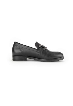 Black leather loafers with a rounded toe, flat heel, and decorative strap with a metal accent. Smooth texture, minimal stitching details.