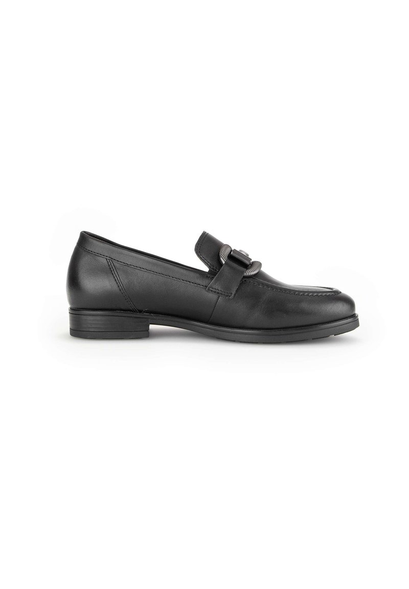 Black leather loafers with a rounded toe, flat heel, and decorative strap with a metal accent. Smooth texture, minimal stitching details.