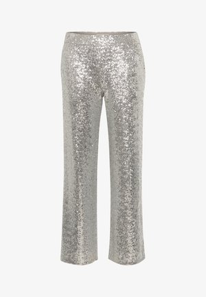 Pantalons en sequins argentés avec une coupe droite, dotés d'une taille lisse et d'une surface réfléchissante et scintillante.