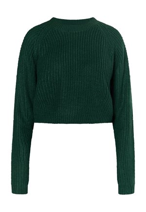 Grønt strikket sweater med en cropped design, lange ærmer og tekstureret stof. Har en rund halsudskæring og ribbede manchetter.