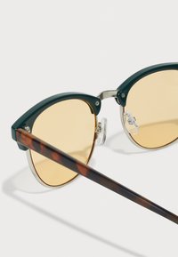 Gafas de sol con montura de plástico verde y lentes marrones. Presentan detalles metálicos en el puente, almohadillas nasales transparentes y una fuerita de carey con un diseño estampado.