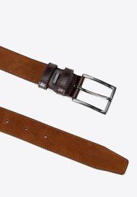 Brown leather belt with a smooth surface, featuring a silver rectangular buckle and multiple holes for adjustability. Stitched accents visible.