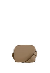 Beige leren crossbody tas met een gladde textuur, rechthoekige vorm en verstelbare schouderriem. Ritssluiting zonder zichtbare hardwaredetails.
