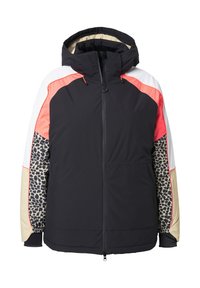 Prošívaná bunda s černým středem, růžovými a bílými akcenty a rukávy se vzorem leopardí kůže. Má kapuci a přední zip pro zapínání.