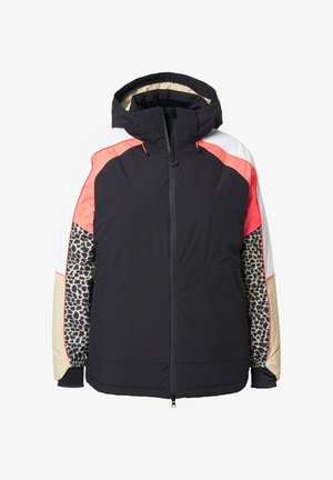 Gepolsterte Jacke mit schwarzem Körper, pinken und weißen Akzenten sowie Ärmeln mit Leopardenmuster. Verfügt über eine Kapuze und einen Frontreißverschluss zum Verschließen.