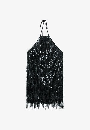 Schwarzes Neckholder-Top, verziert mit Pailletten, mit einem fransigen Saum und glatter Textur. Verstellbare Bindebänder am Hals für eine bessere Passform.