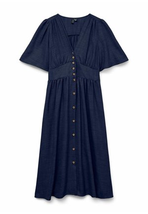Robe midi bleu marine avec manches courtes ballon, col en V, taille cintrée et rangée de petits boutons marron à l'avant.