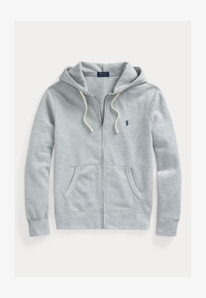 Sudadera de cremallera gris claro con un bolsillo tipo canguro, capucha con cordón y logo azul marino. Confeccionada en un tejido suave y texturizado.