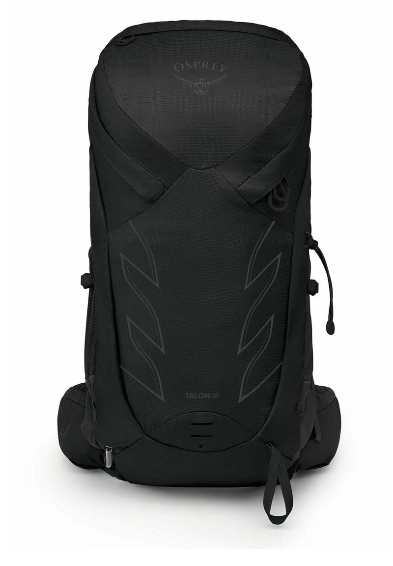 Zaino Black Osprey Talon 18 con finitura testurizzata, forma snella e design minimalista, dotato di spallacci regolabili e una tasca con zip.