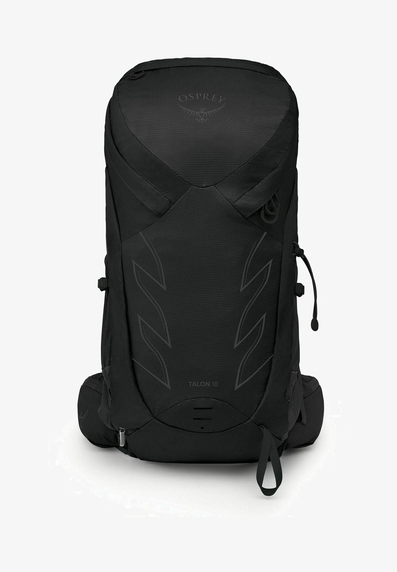 Zaino Black Osprey Talon 18 con finitura testurizzata, forma snella e design minimalista, dotato di spallacci regolabili e una tasca con zip.
