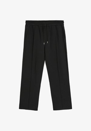 Czarne spodnie o dopasowanym kroju z elastycznym pasem, sznurkiem, dwoma bocznymi kieszeniami oraz prostymi nogawkami. Gładka tekstura tkaniny i plisowany przód.