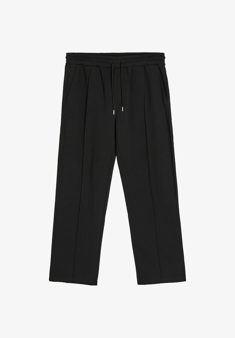 Czarne spodnie o dopasowanym kroju z elastycznym pasem, sznurkiem, dwoma bocznymi kieszeniami oraz prostymi nogawkami. Gładka tekstura tkaniny i plisowany przód.