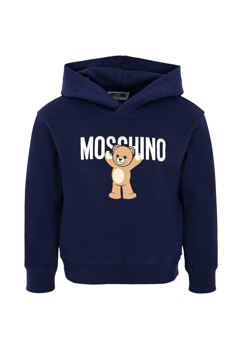 Felpa blu navy con tasca a marsupio, caratterizzata da testo bianco "MOSCHINO" e un grafico di un orso in tonalità beige, con polsini e orlo a costine.