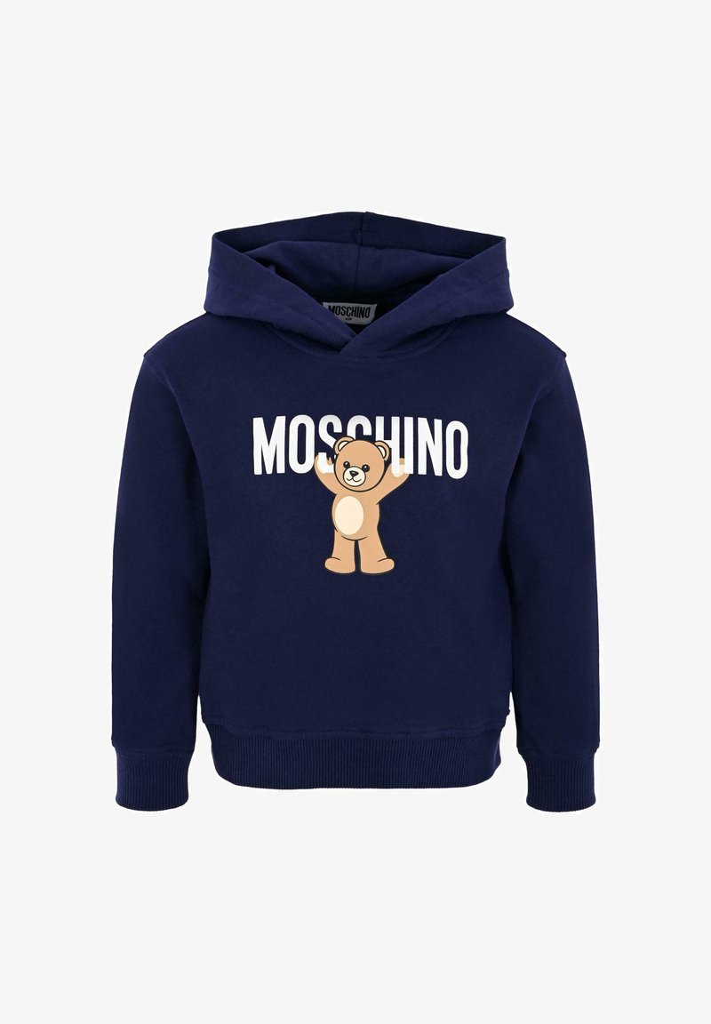 Felpa blu navy con tasca a marsupio, caratterizzata da testo bianco "MOSCHINO" e un grafico di un orso in tonalità beige, con polsini e orlo a costine.