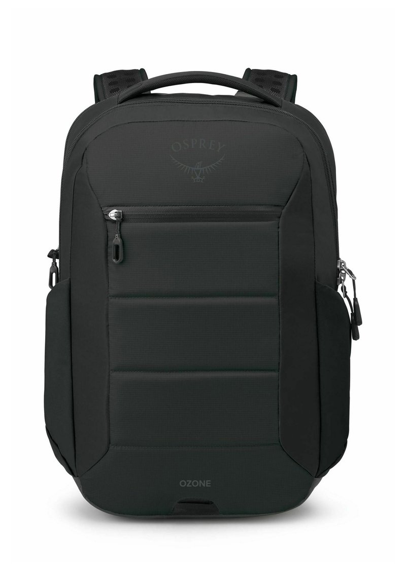 Mochila negra acolchada con cremalleras, bolsillo lateral y logo de Osprey. Cuenta con un diseño estructurado y una tela texturada para mayor durabilidad.