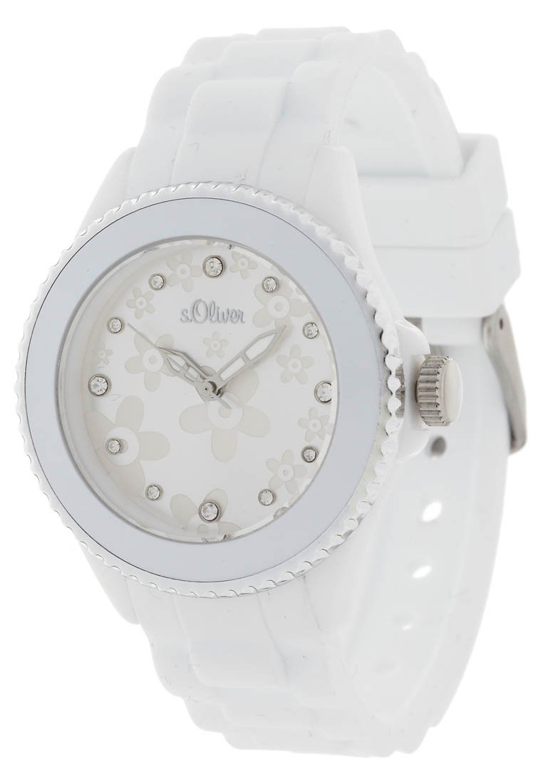 Biały silikonowy zegarek z kwiatowym wzorem na tarczy, srebrnymi akcentami, kryształowymi znacznikami oraz teksturowanym pierścieniem. Posiada solidny pasek i zapięcie.