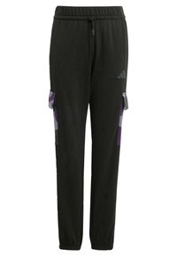 Black jogger pants made of soft fabric, featuring side cargo pockets with purple camouflage accents and an elastic waistband with drawstring.