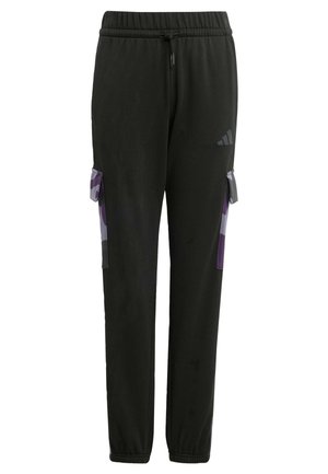 Pantaloni jogger neri realizzati in tessuto morbido, dotati di tasche cargo laterali con dettagli in camouflage viola e una vita elastica con cordino.