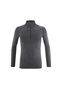 Ciemnoszary sweter z wysokim kołnierzem i ćwierć zamkiem. Teksturowane poziome paski na klatce piersiowej oraz gładkie rękawy. Miękka tkanina.