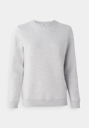 Grauer Pullover aus weichem Stoff mit Rundhalsausschnitt, gerippten Bündchen und dezenten Druckakzenten auf der Vorderseite und dem �Ärmel.