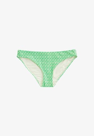 Fărădăci de bikini verzi, cu un model geometric, o textură fină și căptușeală interioară albă. Talie elastică și margini cusute.