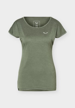 Olivengroen T-shirt voor dames met korte mouwen, een ronde hals en een klein wit logo op de linkerborst, voorkant zichtbaar tegen een neutrale achtergrond.