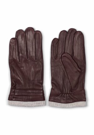 Brune lærhansker med tre artikulerte fingre, teksturert overflate, elastisk håndledd, og en myk stoffkant for varme.