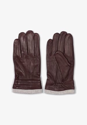 Guantes de cuero marrón con tres dedos articulados, acabado texturizado, muñequera elástica y un puño de tela suave para mayor calidez.