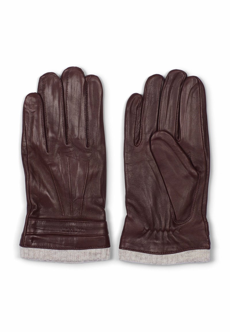 Brune lærhansker med tre artikulerte fingre, teksturert overflate, elastisk håndledd, og en myk stoffkant for varme.