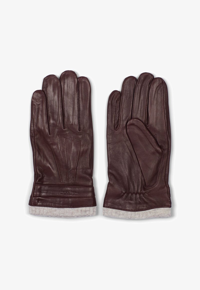 Brune lærhansker med tre artikulerte fingre, teksturert overflate, elastisk håndledd, og en myk stoffkant for varme.