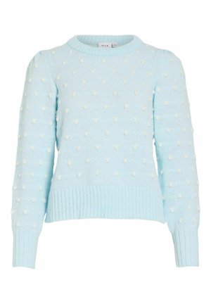 Pull bleu clair en maille avec manches longues et pois blancs en relief, doté de poignets, ourlet et encolure côtelés.