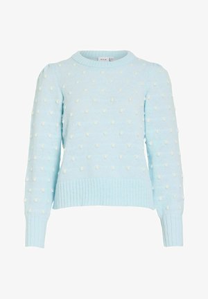 Svetlo modra pletena majica z dolgimi rokavi in dvignjenimi belimi pikami, z obrobljenimi manšetami, spodnjim robom in ovratnikom.