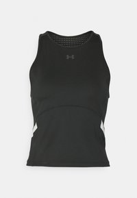 Svart atletisk linne med rund halsringning, med meshpaneler på baksidan och vita detaljer på sidorna. Stretchigt material, slimmad design.